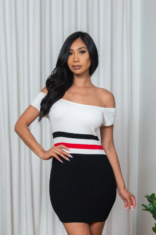 'Classic Sass' Rib Knit Off Shoulder Cap Sleeve Bodycon Mini Dress in White, Black & Red (187185) Score Big On Glamorous Red - Carpet Styles