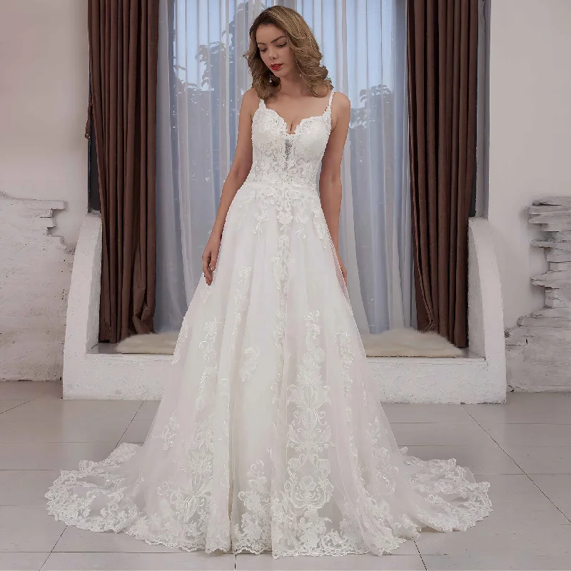 Trendy Plunging Spaghetti Straps A-line Lace Tulle Wedding Dress Romantic Date - Night Ensemble