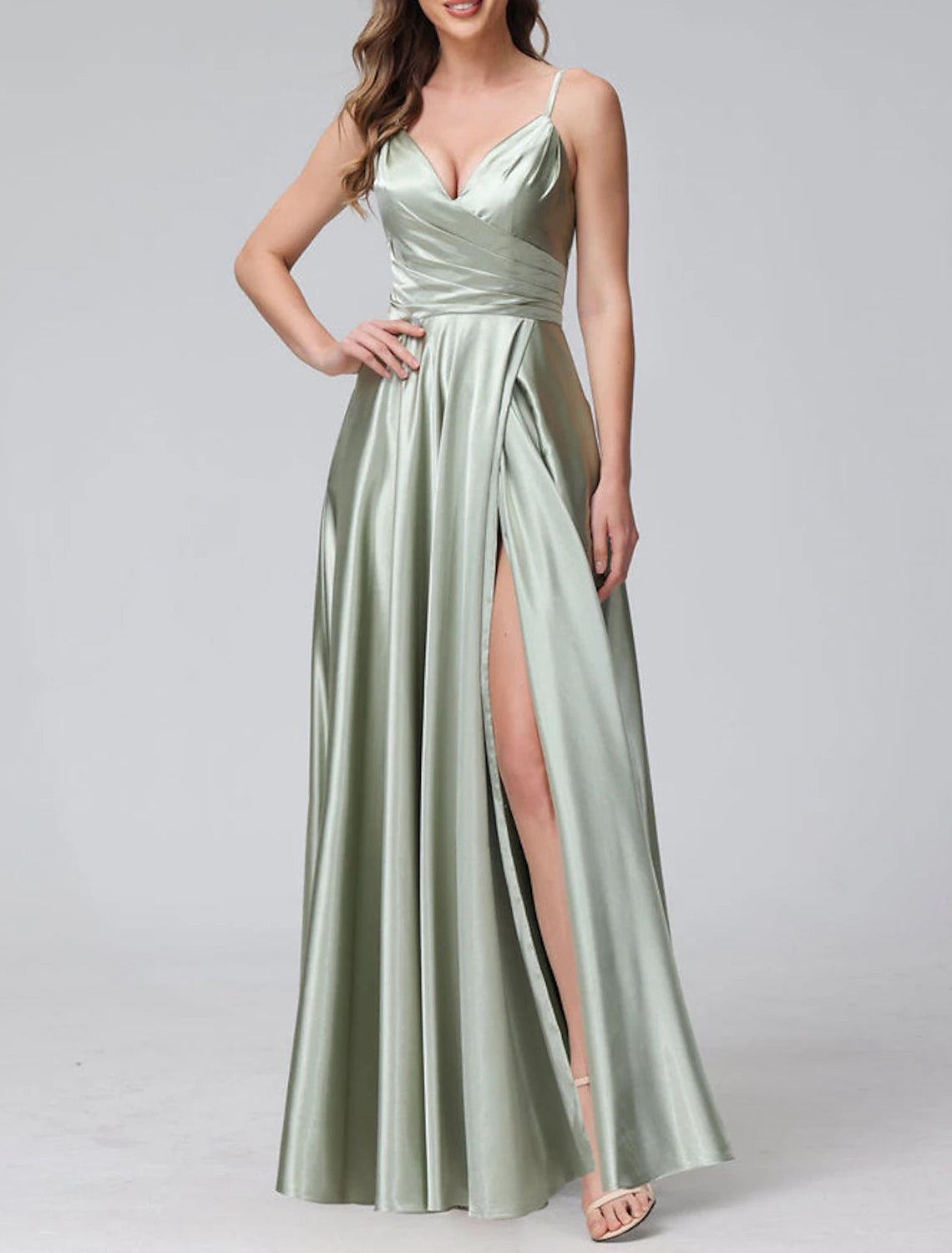 A-Line Bridesmaid Dress Spaghetti Strap Sleeveless Elegant Floor Length Satin with Split Front / Ruching Grab Romantic Date - Night Styles Now