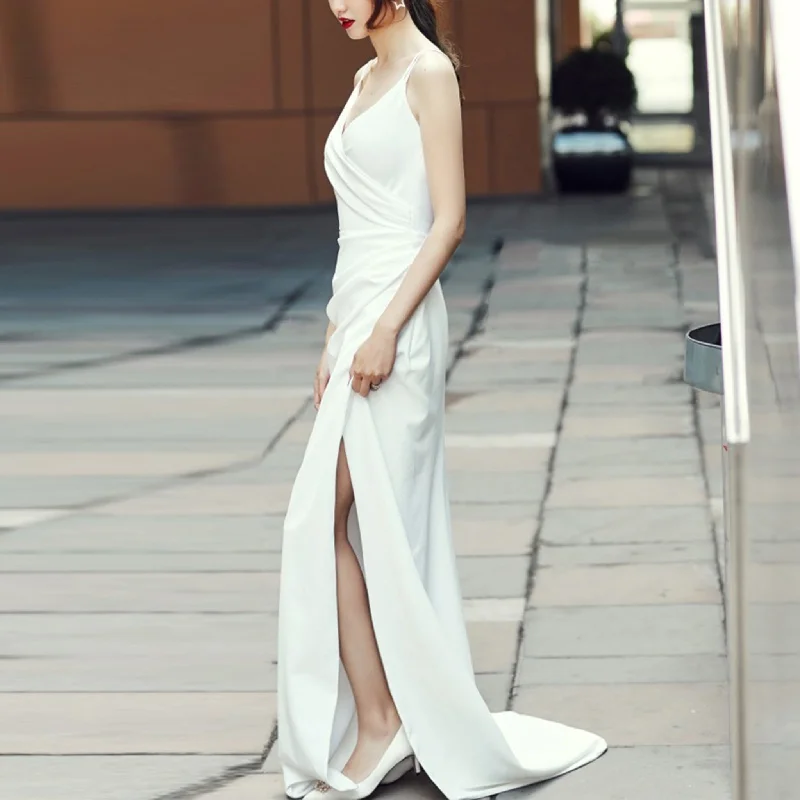 Spaghetti Straps Simple Wedding Dress with High Leg Slit Buy More, Save More