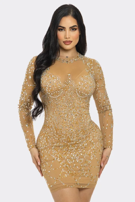 Ladies Night Out / Tan Rhinestone Embellished Bodycon Mini Dress Fashion Sale