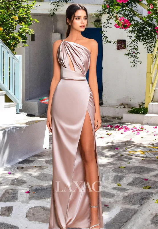 Asymmetrical-Neck One-Strap Off-Shoulder Sleeveless Pleated Cutout Mermaid Prom Dress with High Slit Effortless Sophistication