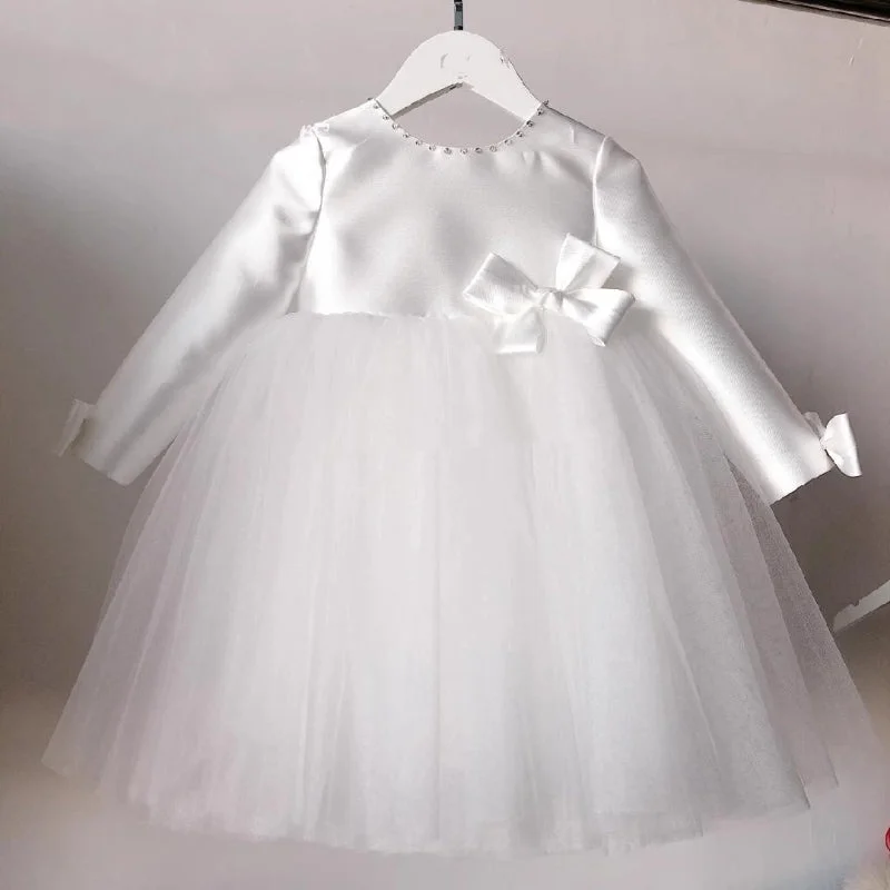 Cute Baby Girl Satin Mesh Fluffy Bow Dress Toddler Communion Dress Update With Cottagecore Styles