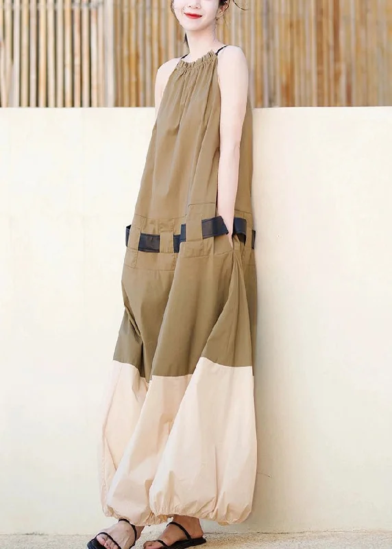 Fashion Khaki Ruffled Pockets Patchwork Cotton Long Dresses Sleeveless Today Only