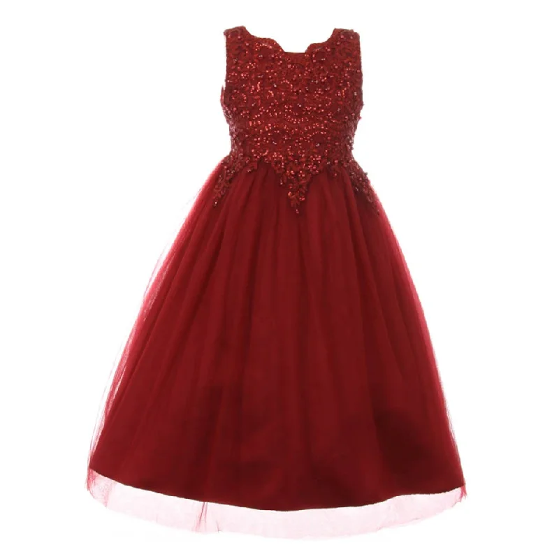 Little Girls Burgundy Pearl Sequin Tulle Satin Sleeveless Flower Girl Dress 4-6 Romantic Date - Night Ensemble