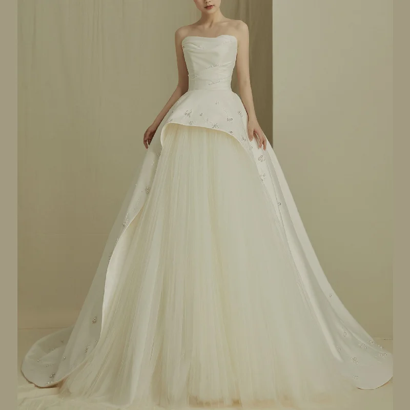 Curve Neck A-line Wedding Dresses Bridal Gowns with Pearls Mid - Season Sale