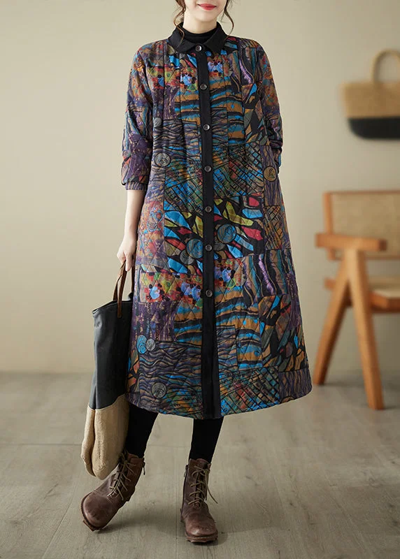 Loose Multi Print ButtonPockets Cotton Filled Parka Long Sleeve Romantic Date - Night Ensemble