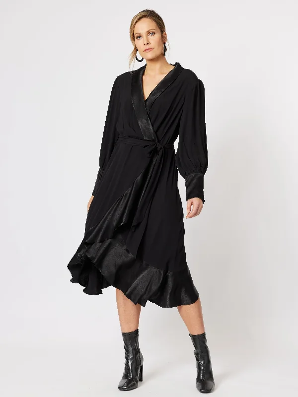 Tuxedo Satin Wrap Dress - Black Lightweight Fabric