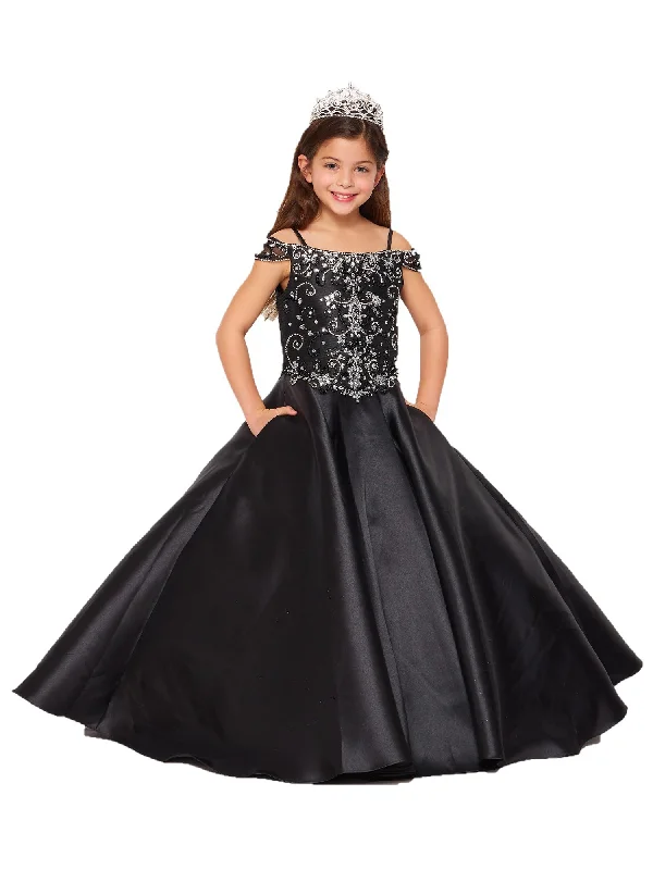 Little Girls Black Rhinestone Crepe Satin Off Shoulder Ball Gown 2-6 Graceful Movement