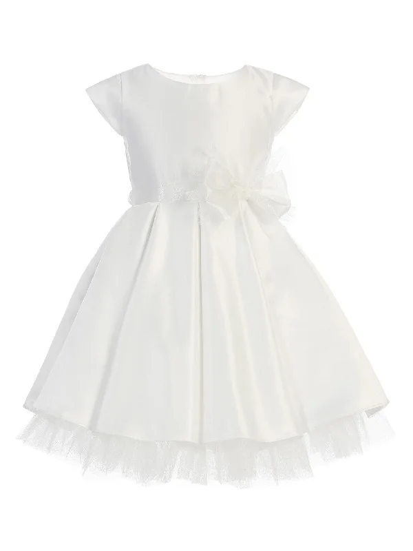 Little Girls White Full Pleated Satin Bow Flower Girl Dress 2-6 Spring Fashion