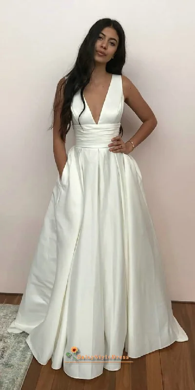 Simple A line v-neck Ivory Wedding Dress with Pocket Graceful Movement