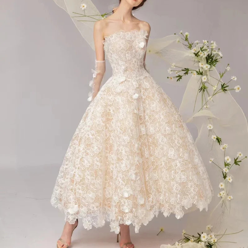 Chic and Sweet Tea-Length Wedding Dresses with Floral Lace Graceful Movement