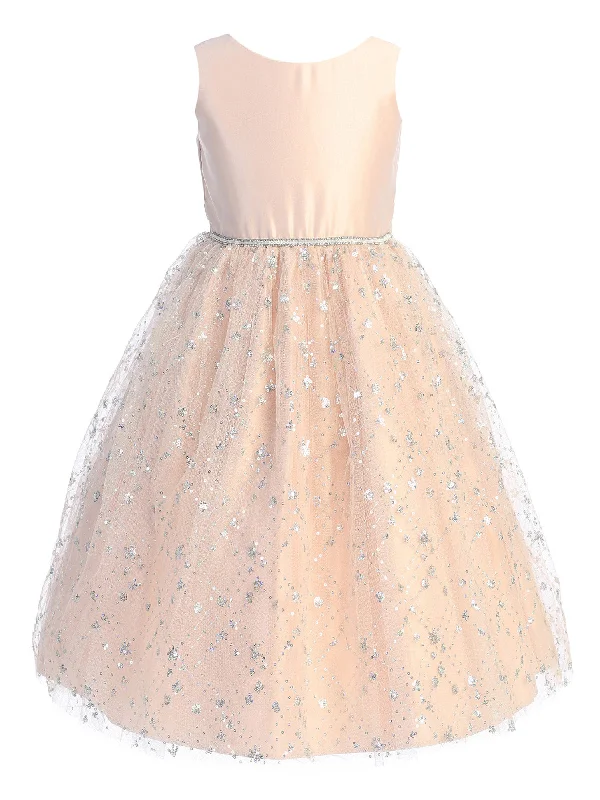 Little Girls Blush Satin Diamond Sequin Crystal Tulle Flower Girl Dress 2-6 Vintage Retro Party Wear