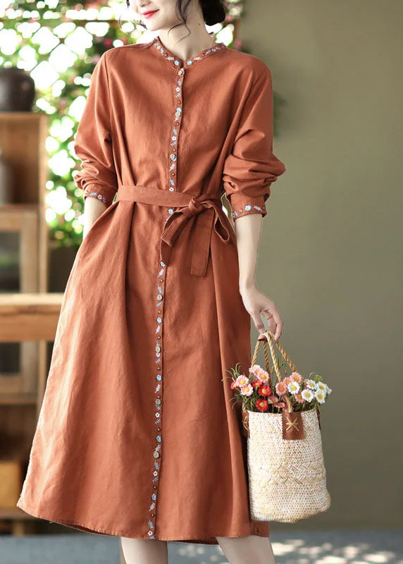 Handmade Orange Stand Collar Embroideried Linen Vacation Dresses Long Sleeve Budget-Friendly Fashion