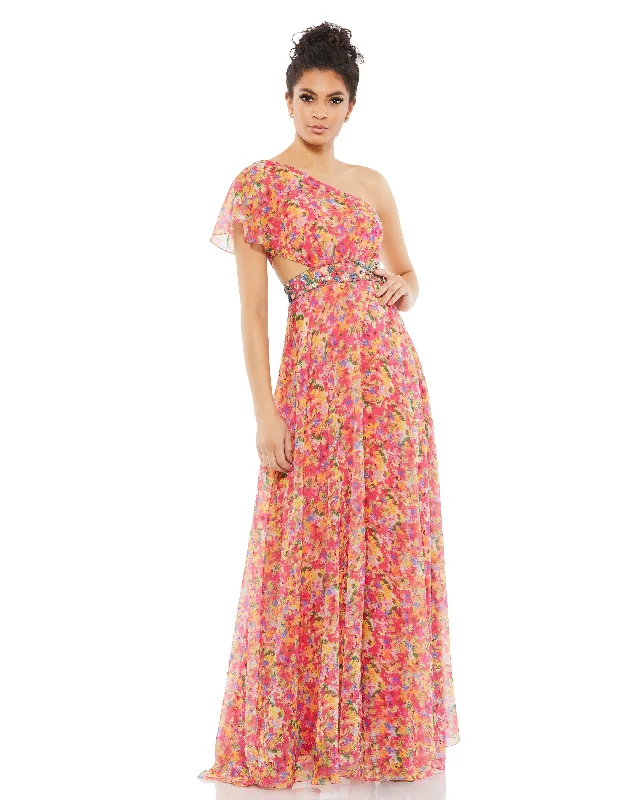 Floral Print One Shoulder Butterfly Sleeve A Line Gown Fashion Sale