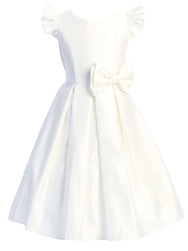 Little Girls Off White Flutter Sleeve Pleated Satin Flower Girl Dress 2-6 Disco - Inspired Retro Dance Look