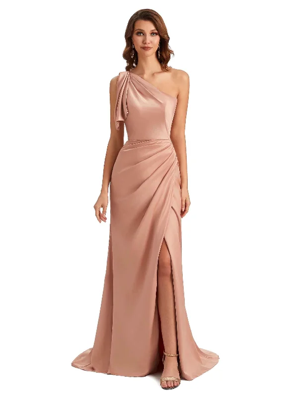 Sexy One Shoulder Mermaid Side Slit Unique Silky Satin Wedding Guest Dresses Clearance Event