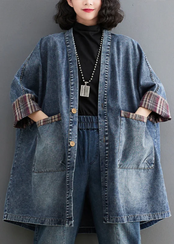 Retro Blue V Neck Striped Patchwork Denim Trench Coat Long Sleeve Y2K Nostalgic Fashion Look