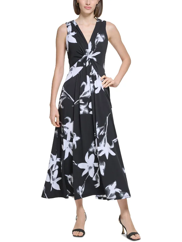 Womens Floral Print Polyester Maxi Dress Romantic Detailing