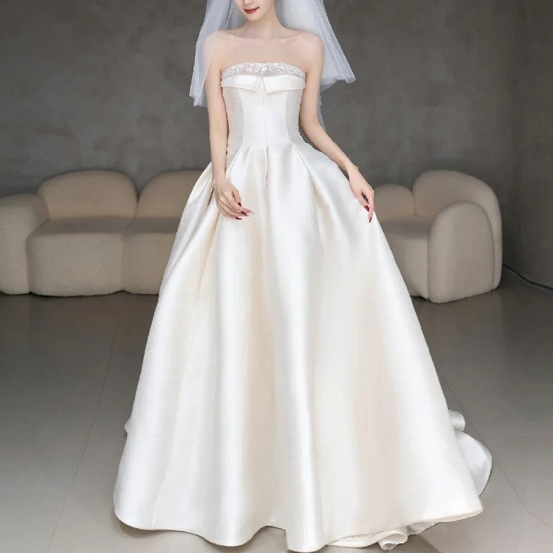 Straight Neckline Plain Satin Wedding Dresses & Bridal Gowns Spring Fashion