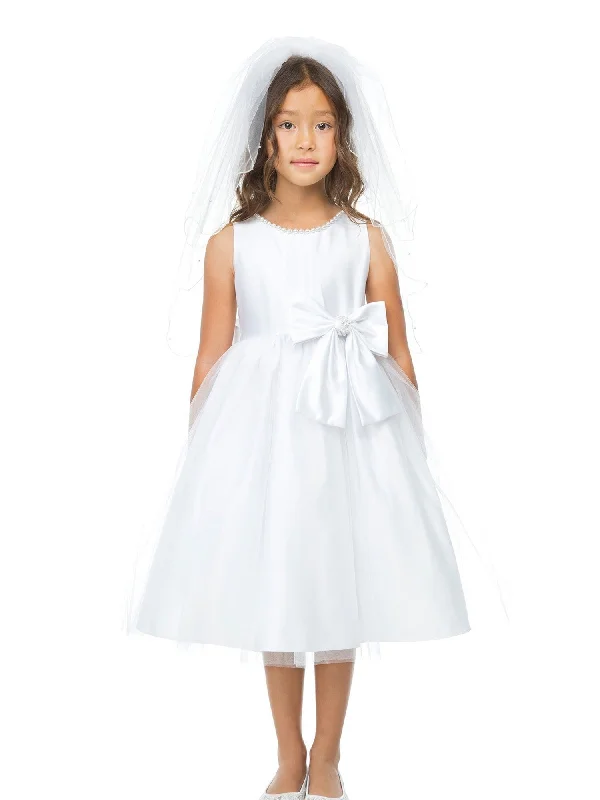 Big Girls White Satin Tulle Pearl Ribbon Flower Girl Dress 7-12 Fashion-Forward