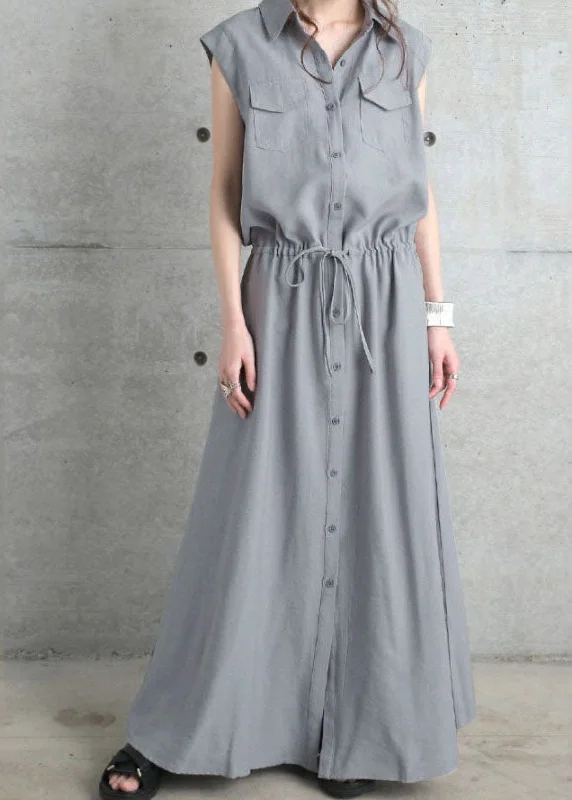 Stylish Grey Peter Pan Collar Patchwork Drawstring Cotton Dresses Sleeveless Elegant Style