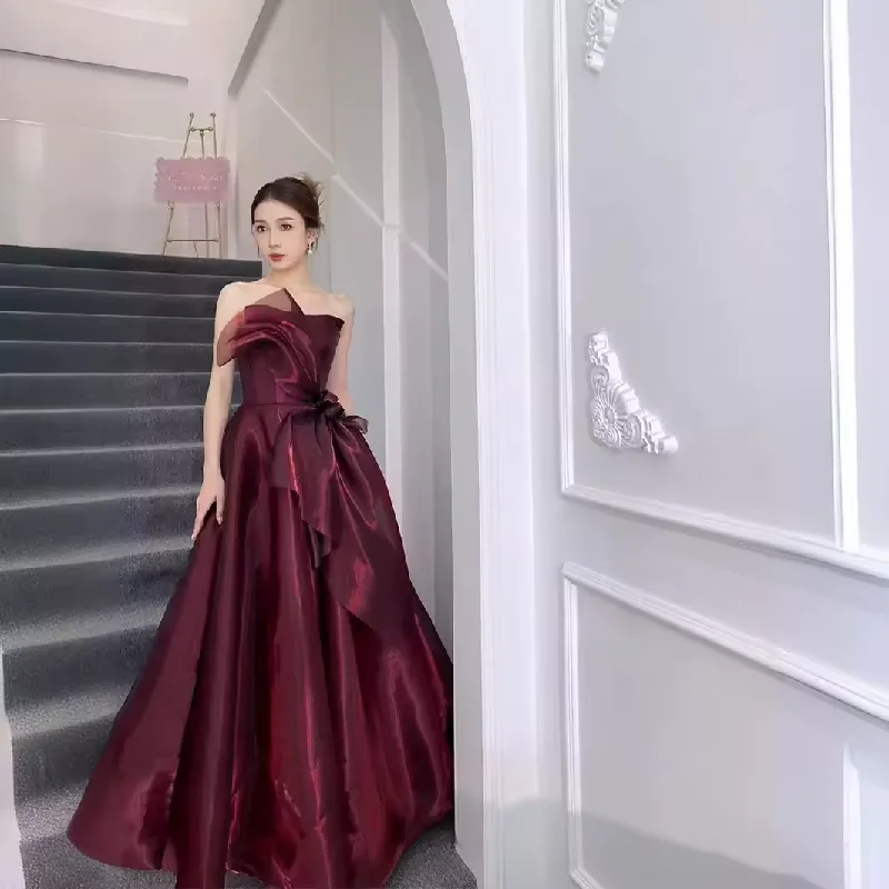 Elegant Ball Gown Strapless Burgundy Organza Long Prom Dress B503 Best-Sellers