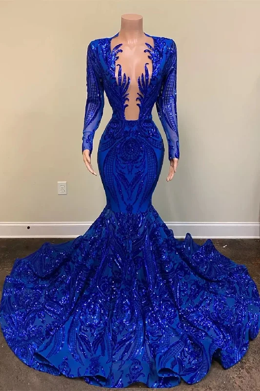 Mermaid Long Sleeve V-Neck Royal Blue Sequins Prom Dresses with Appliques PD0577 Romantic Date - Night Ensemble