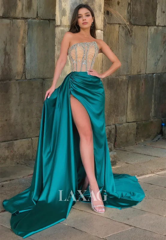 Asymmetrical Tube Top Sleeveless Beaded A-Line High Slit Formal Prom Dress with Sweep Train Alluring Design