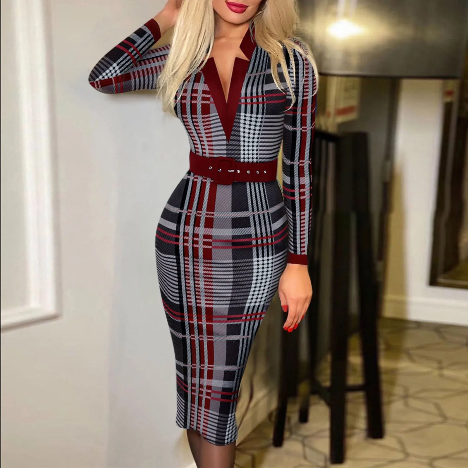 JuliaFashion - Fashion Polka Dot Print Pencil V-Neck Long Sleeve Bodycon Maxi Elegant Woman Office Work Dress Playful Elegance