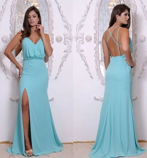 Ice Blue V Neck Formal Evening Gown Open Back Long Party prom Dress Side Slit    cg19154 Limited Quantities