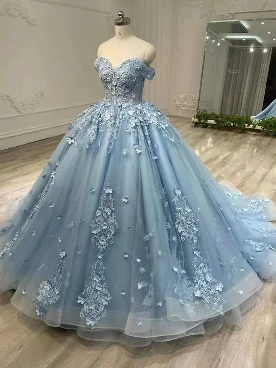 Modest Ball Gown Off The Shoulder Sweetheart Tulle Long Light Sky Blue Sweet 16 Dresses C1700 Pastel Styles