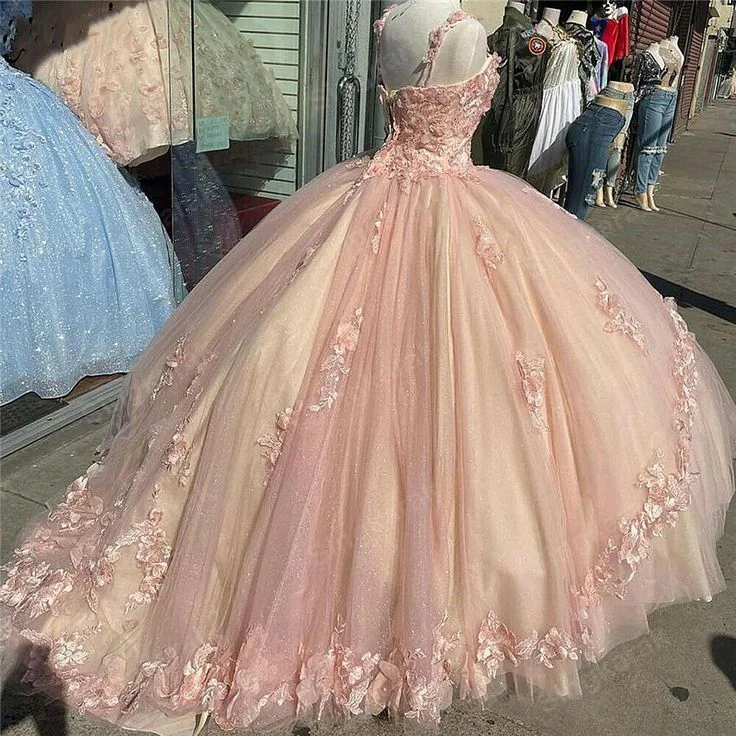 Pink Sparkly Quinceanera Prom Dresses Lace Flower Sweet 16 Tulle Party Ball Gown       cg23110 Feminine Flow