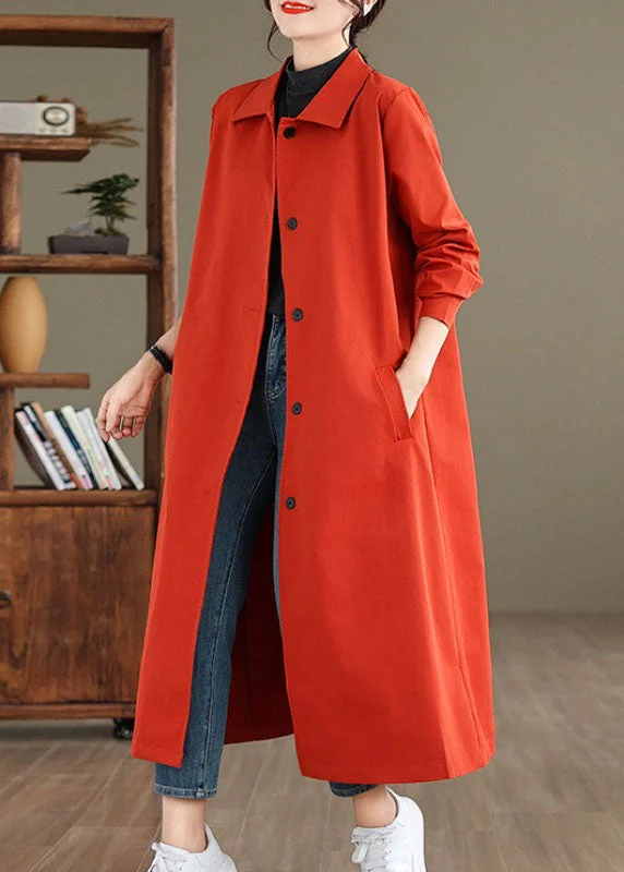 Women Red Peter Pan Collar Pockets Long Trench Coat Long Sleeve Chic Style