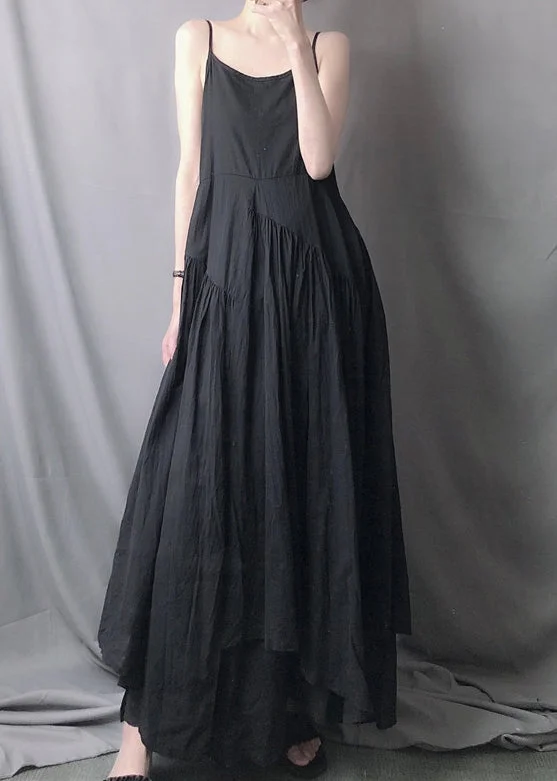 Classy Black Asymmetrical Wrinkled Patchwork Cotton Spaghetti Strap Dress Sleeveless Buy More, Save More