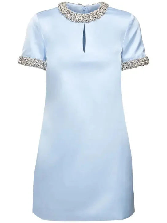 Blue Satin Embellished Mini Dress Father'S Day Deals