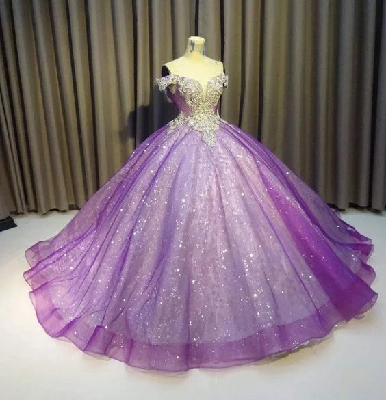 Purple Off The Shoulder Ball Gown , Bling Bling Prom Dress   cg10071 Save On Classic Elegant Styles