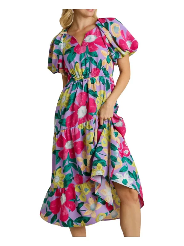 Floral Mix Balloon Sleeve Midi Dress In Pink Limited Quantities