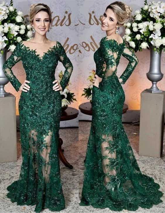 Long Sleeves Lace Mermaid Prom Dresses See Through Evening Gowns   cg18283 Graceful Movement