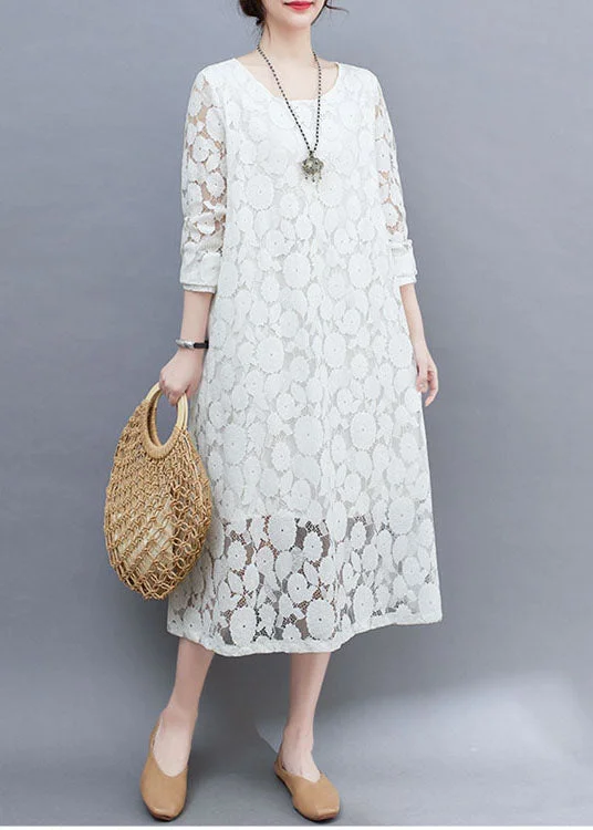 DIY White O-Neck Lace Long Dresses Long Sleeve Holiday Sale