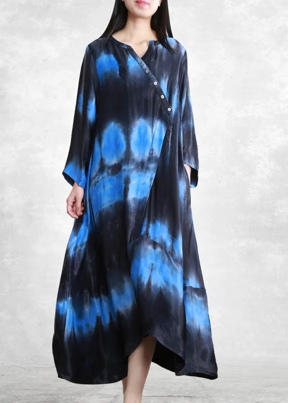 French Black Blue Gradient color V Neck Asymmetrical Pockets Long Dress Long Sleeve Spring Fashion