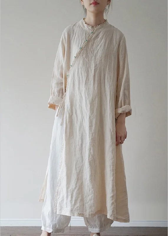 Linen colour Linen Loose Dress Mandarin Collar Long Sleeve Wardrobe Update