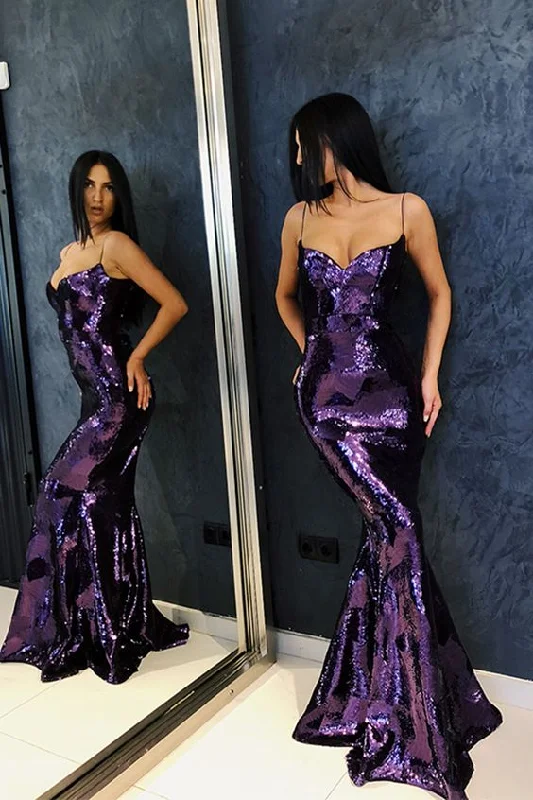 Purple Long Prom Dresses Spaghetti Straps Mermaid Evening Gowns cg2310 Elevated Style