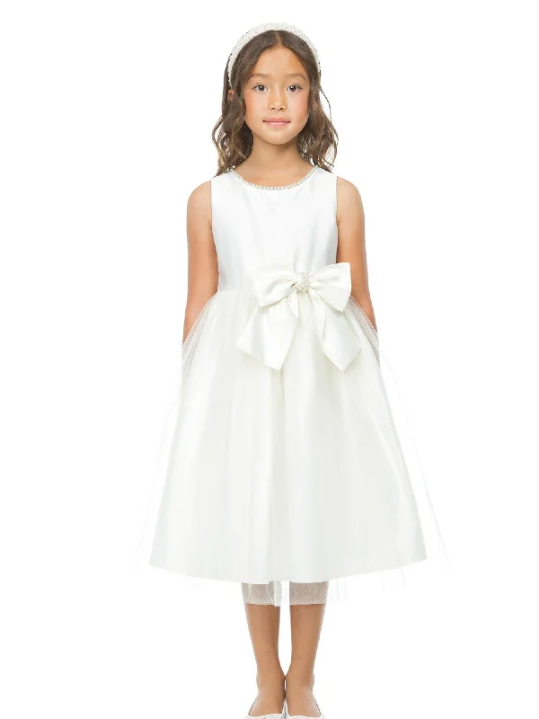 Little Girls Ivory Satin Tulle Pearl Ribbon Flower Girl Dress 2-6 Style Upgrade