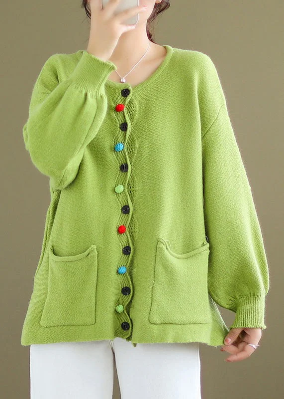 Plus Size Green Button Pockets Knit Coat Long Sleeve Casual Weekend Relaxed Style