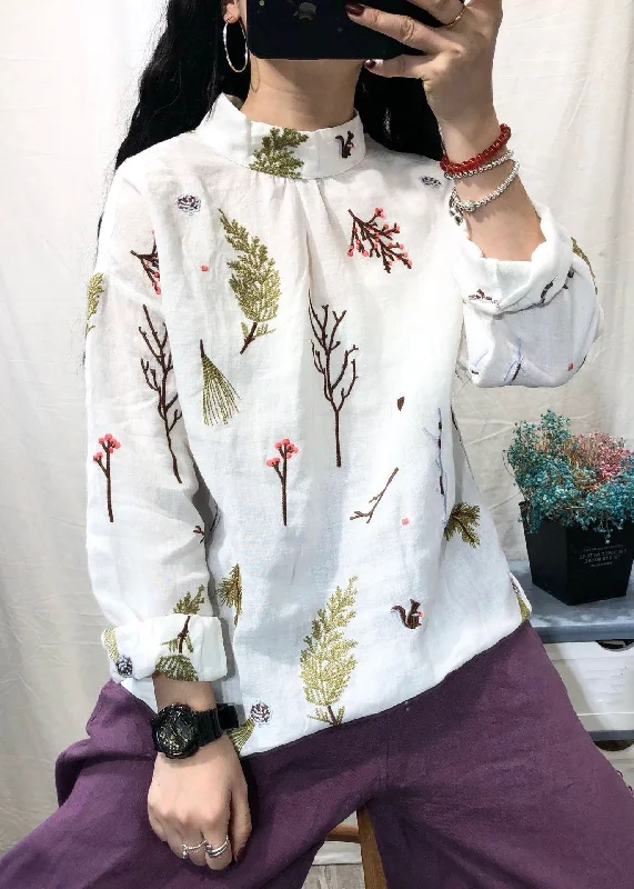 Women White Stand Collar Embroidered Linen Blouses Long Sleeve Buy More, Save More