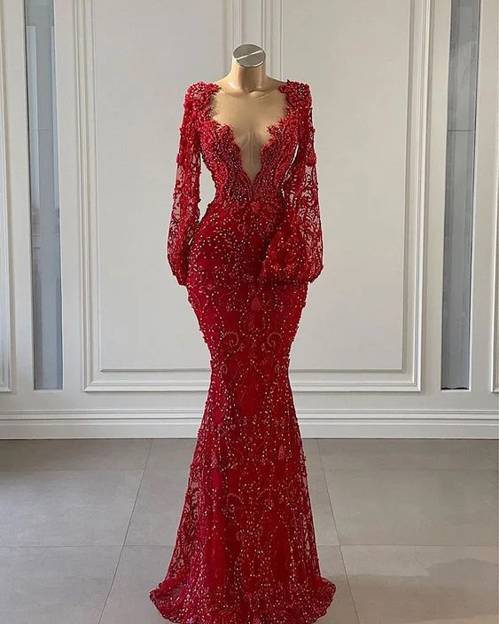 Red Prom Dress long Prom Dresses Long Sleeve Lace Mermaid Evening Gowns      cg24348 Casual Weekend Relaxed Style