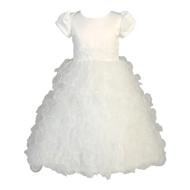 Big Girls White Satin Ruffle Organza Sequin Tea Length Communion Dress 5-7 Anniversary Sale