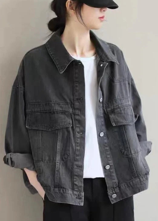 Vintage Black Button Pockets Denim Coat Long Sleeve Cottagecore Rustic Charm Style