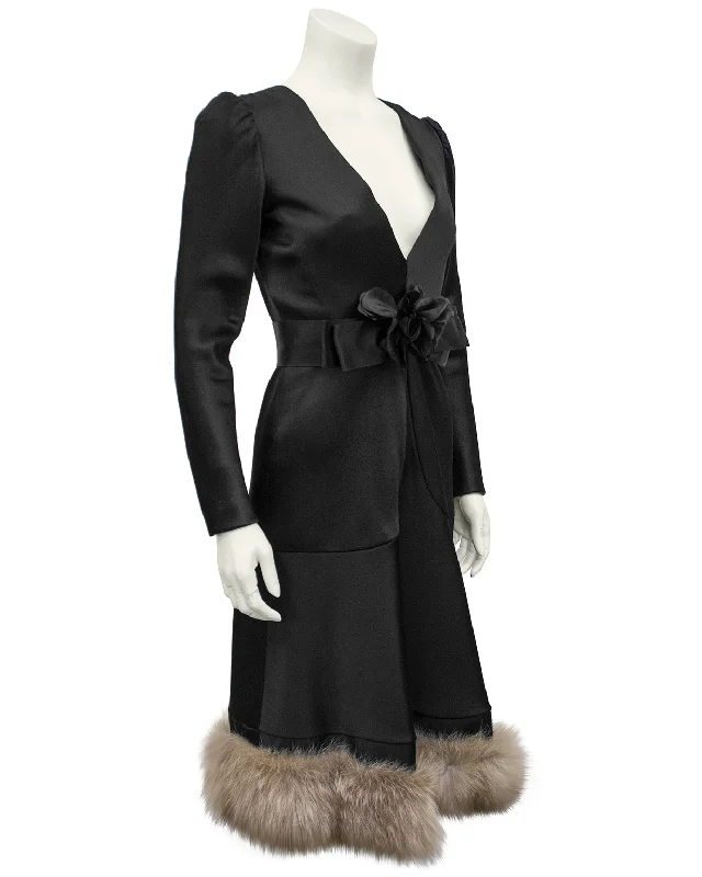 Black Satin Fur Trim Cocktail Dress Romantic Date - Night Ensemble